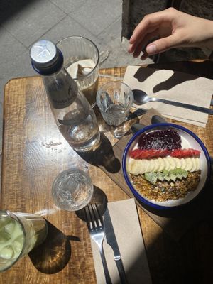 Avocado Toast and vegan granola  at Pum Pum Cafe in Madrid