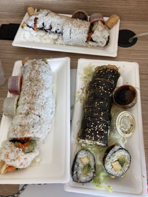 two veggie rolls differing only in sauce and a fried tofu and avocado roll  at Dharma Sushi & Thai in Boise