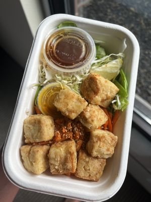 Vegan Thai orange tofu bowl (take-out)  at Dharma Sushi & Thai in Boise