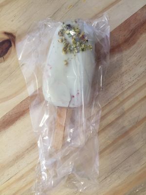 Ice creM bar made with frozen bananas, strawberries and cashews nuts at Cafe Vida in La Paz