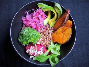 Hippie bowl (quinoa, hummus, tomato, sweet potato, and avocado)  at Cafe Vida in La Paz