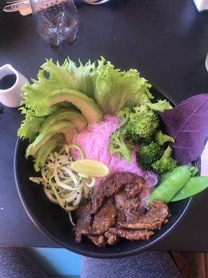 Pink noodles - reeaally good! at Cafe Vida in La Paz