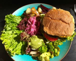Quinoa burger, a pefectly balanced and delicious lunch. at Cafe Vida in La Paz