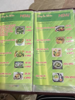 Menu at Chay An Nhien in Da Nang