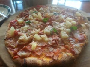 Vegan Hawaiian pizza with cheese and mock ham at CassellBella's Bakery Cafe in Northcote