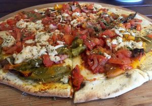 Roasted vegetable vegan pizza at CassellBella's Bakery Cafe in Northcote