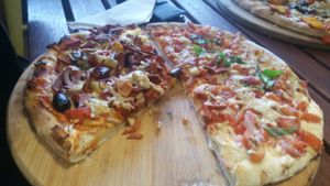 Half and half vegan pizza at CassellBella's Bakery Cafe in Northcote