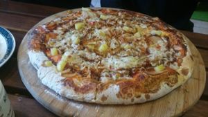 Vegan chicken Hawaiian pizza at CassellBella's Bakery Cafe in Northcote
