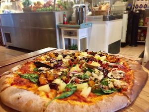 Vegan supreme pizza at CassellBella's Bakery Cafe in Northcote