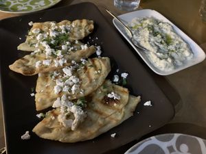Garlic bread with tzatziki  at ONO by Marouli in Rhodes