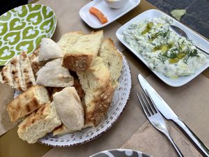 Tzatziki and bread at ONO by Marouli in Rhodes