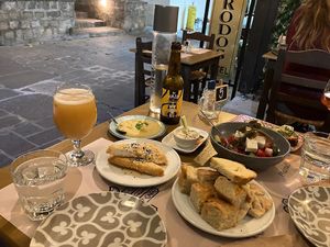 Vegan greek salad and other portions from the tasting menu  at ONO by Marouli in Rhodes