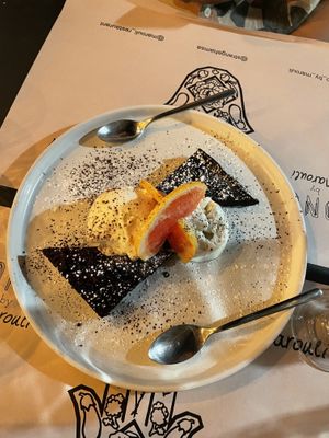 Brownie with almond ice cream  at ONO by Marouli in Rhodes