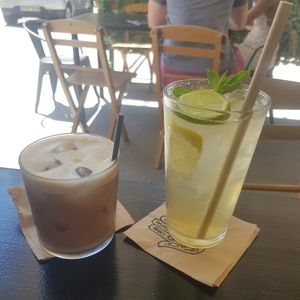 Iced oat latte and homemade lemonade at ONO by Marouli in Rhodes