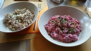 farro risottos: one with beets and soy cream and one with mixed vegetables and coconut milk  at ONO by Marouli in Rhodes