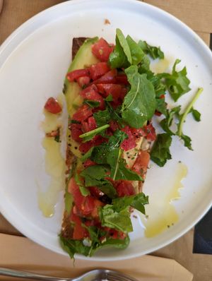 Vegan mozzarella, avocado, tomato toast at ONO by Marouli in Rhodes