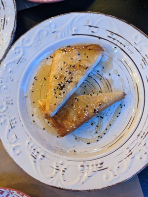 Vegan feta filo parcel with maple syrup and sesame at ONO by Marouli in Rhodes