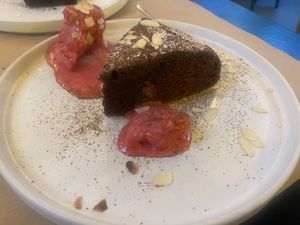 Chocolate banana cake with forest fruit sorbet  at ONO by Marouli in Rhodes