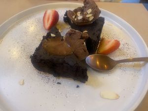 Chocolate brownie with chocolate sorbet  at ONO by Marouli in Rhodes