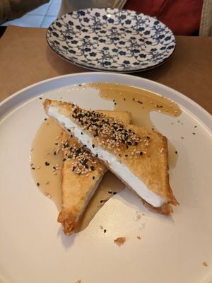 Vegan feta in filo pastry with maple syrup, you have to try this, its amazing at ONO by Marouli in Rhodes