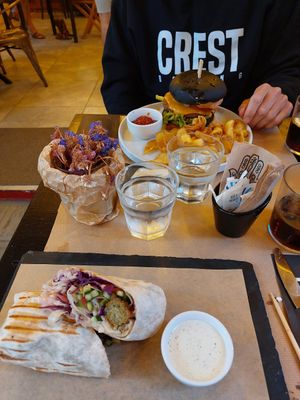 VEGAN burger, falafel & hummus wrap at ONO by Marouli in Rhodes