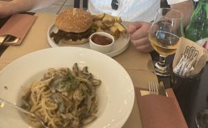 Mushroom linguine and burger with chips  at ONO by Marouli in Rhodes