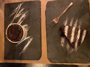 vegan souffle and a vegan chocolate banana almond cake   at ONO by Marouli in Rhodes