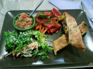 Savoury strudel, salad, roast veg and aubergine dip. at ONO by Marouli in Rhodes
