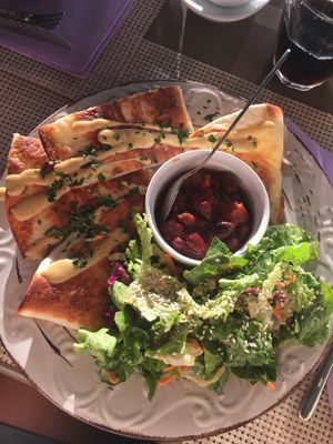 Vegan cheese and broccoli quesidillas with beansalsa and mustard sallad at ONO by Marouli in Rhodes