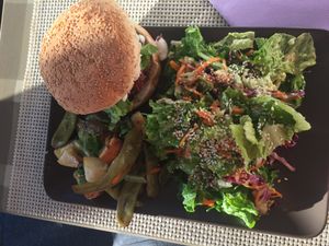 Vegan beand and qinoaburger with potato and sallad at ONO by Marouli in Rhodes