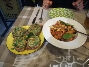 bruscetta of the day and pasta from the day specials at ONO by Marouli in Rhodes