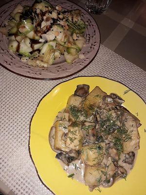 Raw zucchini linguine starter  with mushroom and patatoes with vegan cream. Delicious, super good.  at ONO by Marouli in Rhodes