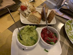 Bread with pea and beetroot dips at ONO by Marouli in Rhodes
