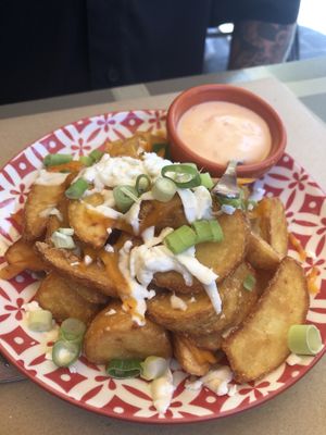 Cheezy fries with spicy mayonnaise - all vegan! at ONO by Marouli in Rhodes