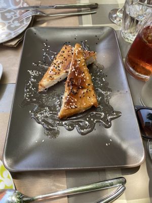 Vegan feta in filo pastry with agave syrup & sesame seeds at ONO by Marouli in Rhodes