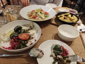 Fries, Thai noodles and lentil and hummus plate at Plants in Taipei