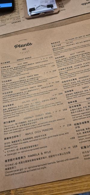 Menu at Plants in Taipei