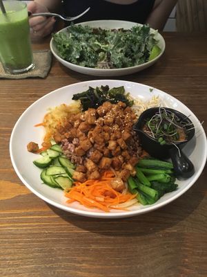 Green smoothie, kale Caesar, and bibimbap  at Plants in Taipei