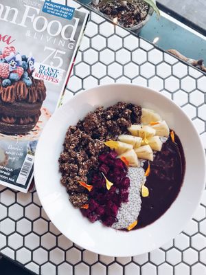 Açaí Bowl with chia pudding & cacao goji sprouted rawnola  at Plants in Taipei