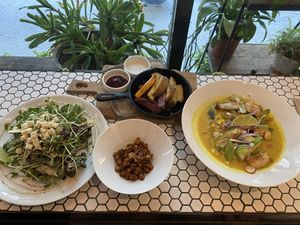 Absolute favorite dishes! Never get bored from this super yummy salad and tempeh! ♥️ at Plants in Taipei