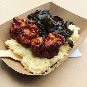 BBQ cauliflower, grits, and greens at Soul Cocina in Durham