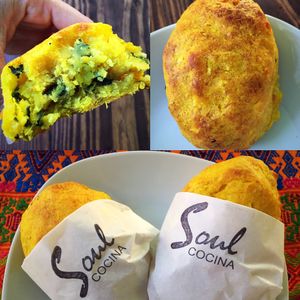 Pasteles de yuca: yuca pockets filled with red lentils, brown rice & spinach at Soul Cocina in Durham