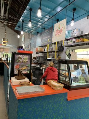 Shot of the stall within the Blue Dogwood public market at Soul Cocina in Durham