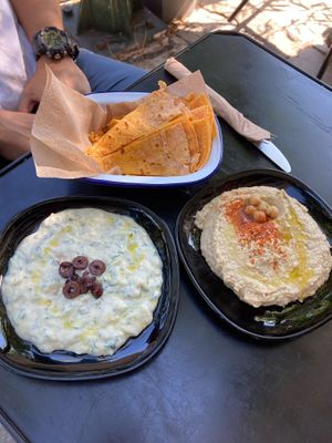Hummus and Tsatsiki with gluten free pita bread at Veganaki in Athens