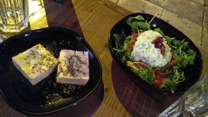 Feta from cashew cheese and Dakos with tzatziki. Delicious! at Veganaki in Athens