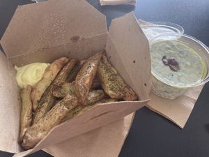 fries + tzatziki at Veganaki in Athens