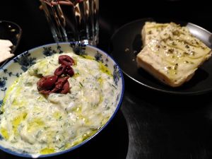 Tzatziki and cashew feta at Veganaki in Athens