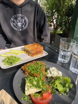 Vegan pastitsio and “omelette”  at Veganaki in Athens