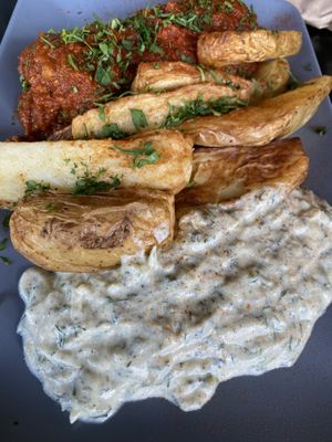 “Meat”balls and air fried potatoes   at Veganaki in Athens
