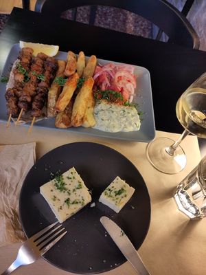 Souvlaki plate and feta at Veganaki in Athens